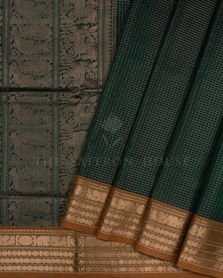 Dark Bottle Green And Mustard Yellow Cotton Silk Saree - TSH110043