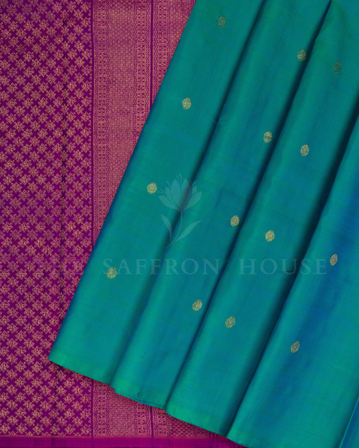 Peacock Blue And Magenta Pink Handwoven Kanjivaram Silk Saree - TSH000008