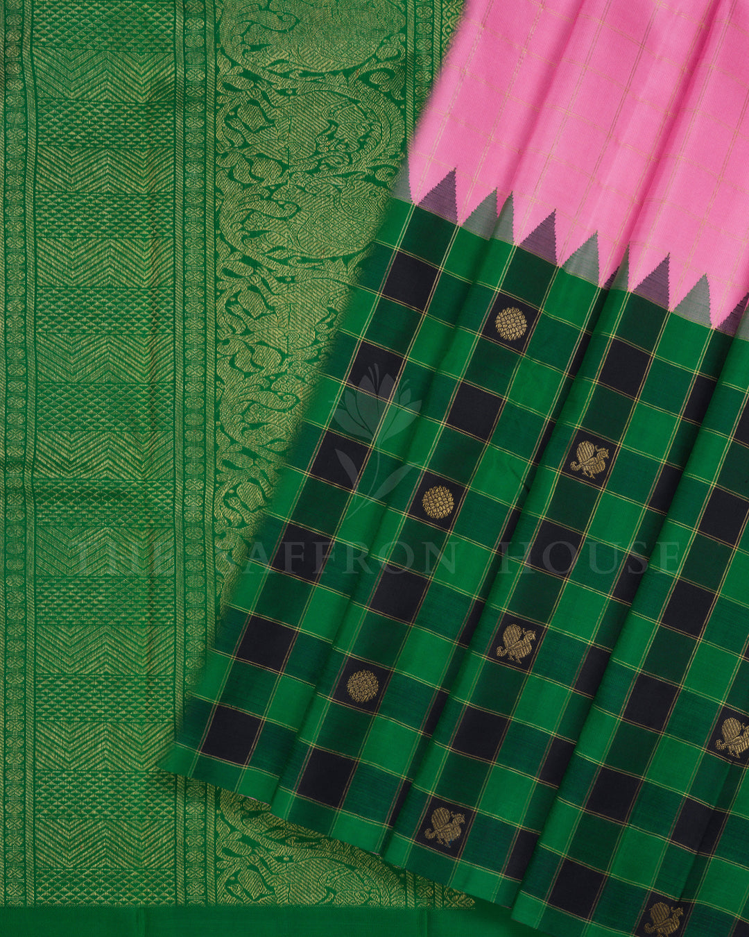 Baby Pink And Bottle Green Handwoven Kanjivaram Silk Saree - TSH000007