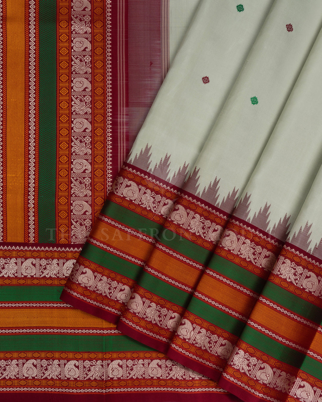 Mint Green And Maroon Handwoven Kanjivaram Silk Saree - TSH2506010