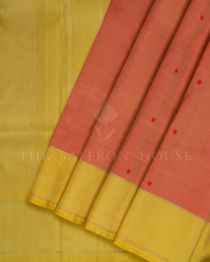 Peach Orange And Light Yellow Handwoven Kanjivaram Silk Saree - TSH250120