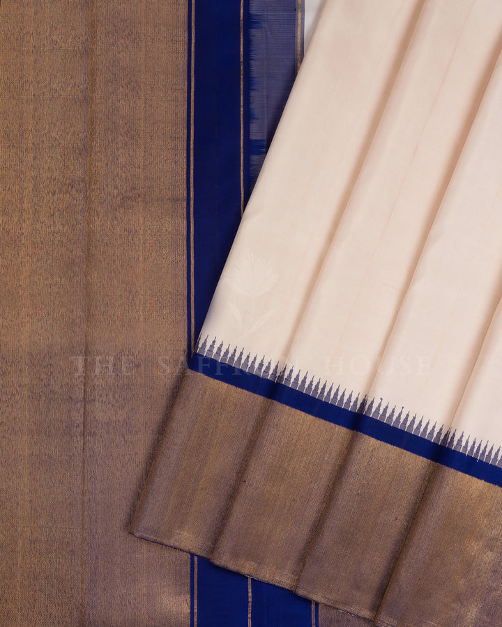 Half White And Navy Blue Handwoven Kanjivaram Silk Saree - TSH250293