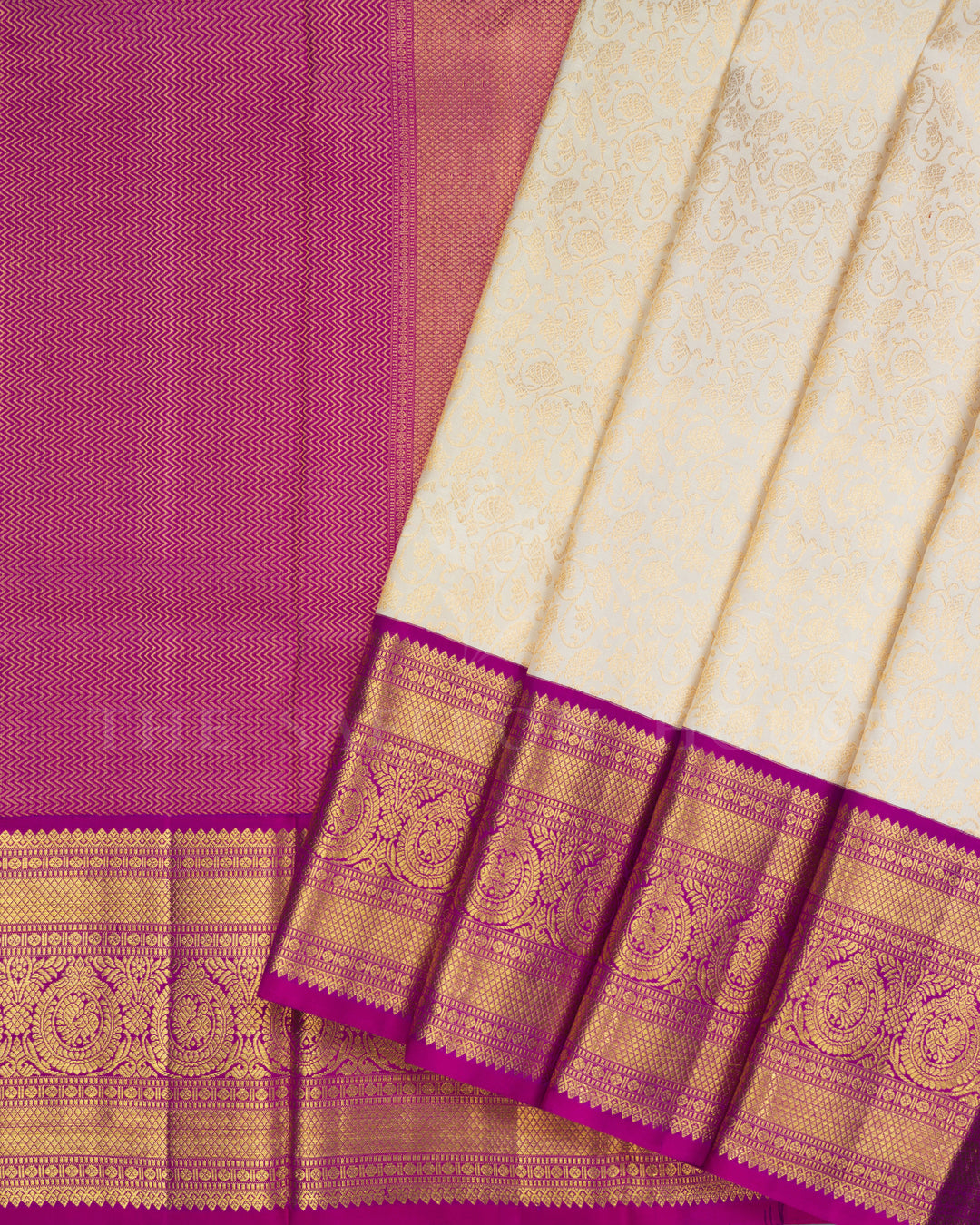 Half White And Magenta Handwoven Kanjivaram Silk Saree - TSH2506044
