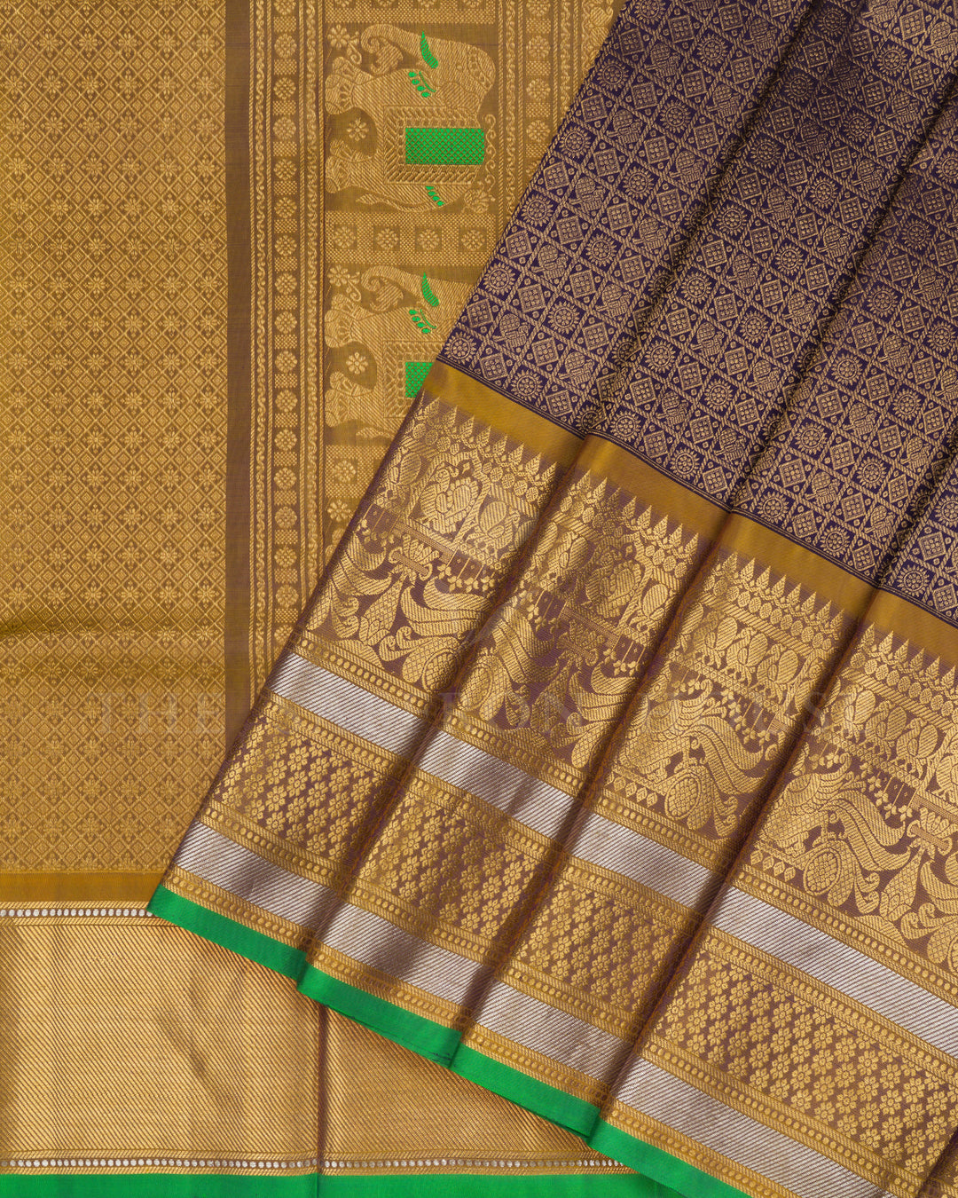 Deep Purple And Golden Yellow Handwoven Kanjivaram Silk Saree - TSH2506060