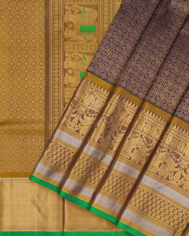 Deep Purple And Golden Yellow Handwoven Kanjivaram Silk Saree - TSH2506060