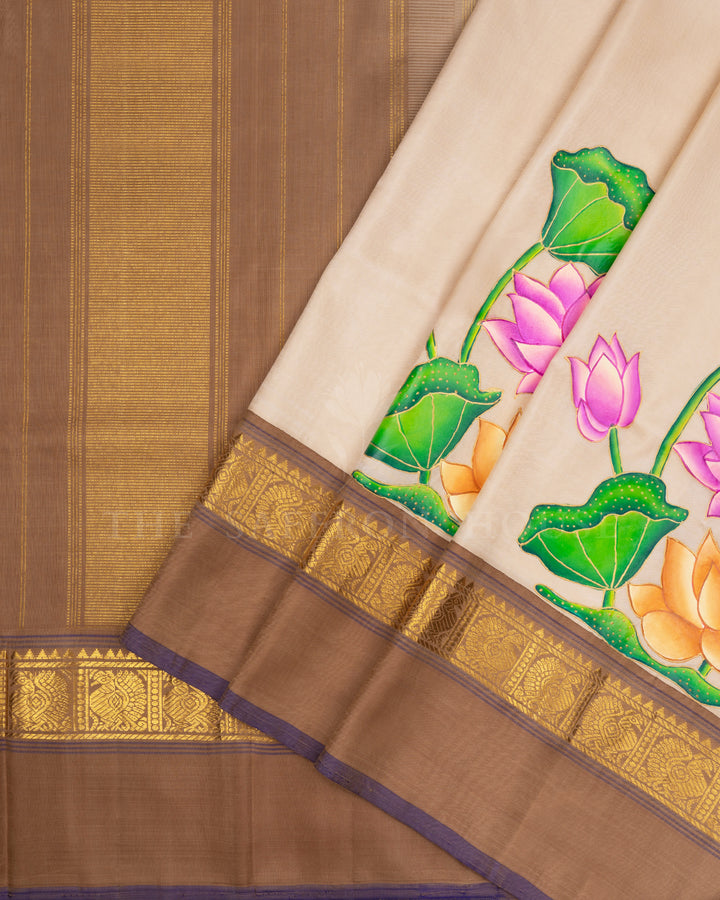 Ivory And Dark Beige Tanjore Hand-Painted Kanjivaram Silk Saree - TSH2506158