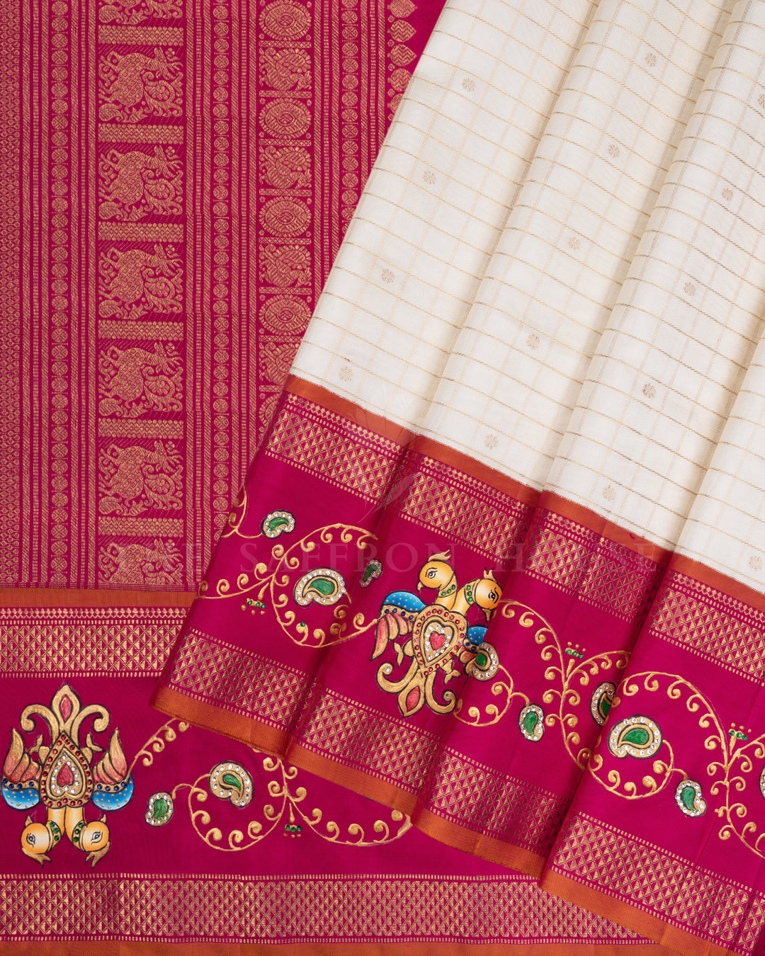Ivory And Rani Pink Tanjore Hand-Painted Kanjivaram Silk Saree - TSH2506149