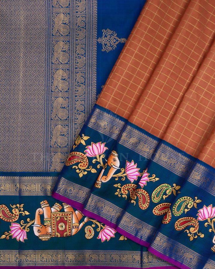 Rust Brown And Peacock Blue Tanjore Hand-Painted Kanjivaram Silk Saree - TSH2506151