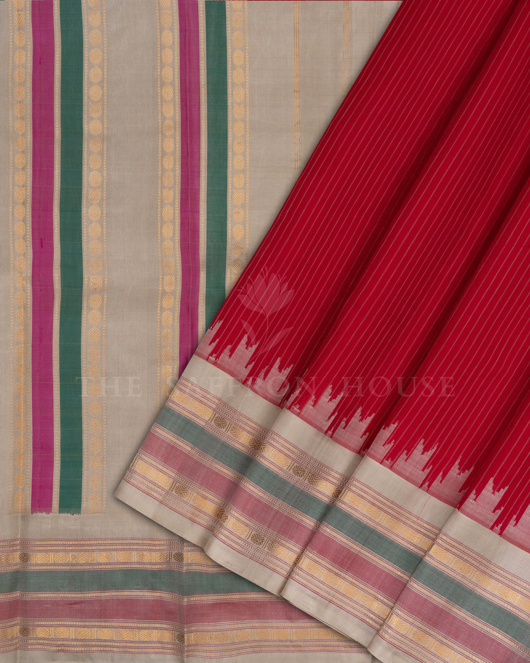 Red And Ivory Gold Gadwal Silk Cotton Saree - TSH8460102
