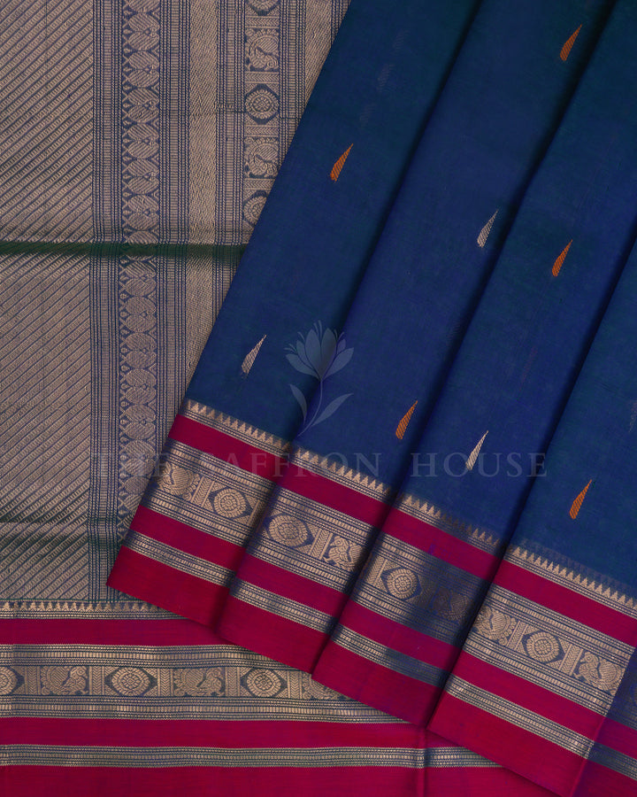 Peacock Blue And Magenta Pink Cotton Silk Saree - TSH110042