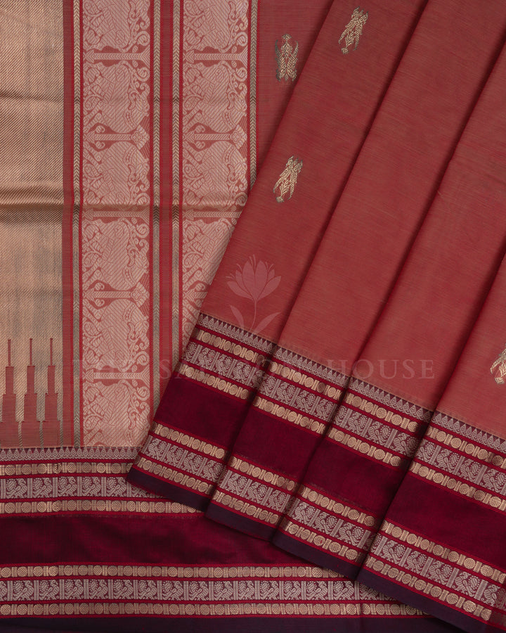 Light Rust Orange And Maroon Cotton Silk Saree - TSH110032