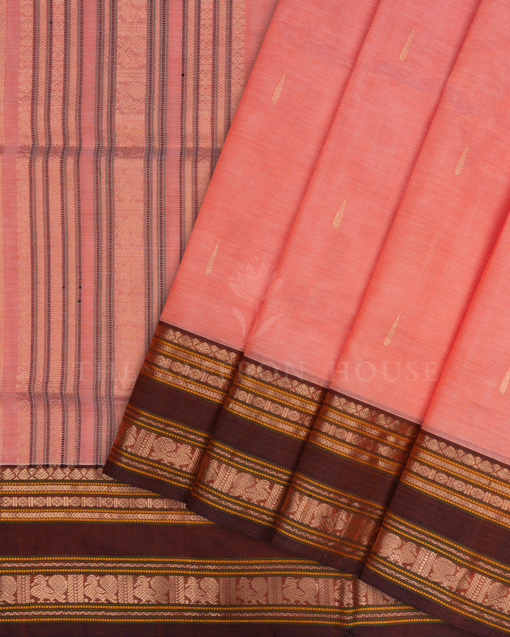 Peach Coral And Chocolate Brown Cotton Silk Saree - TSH110019