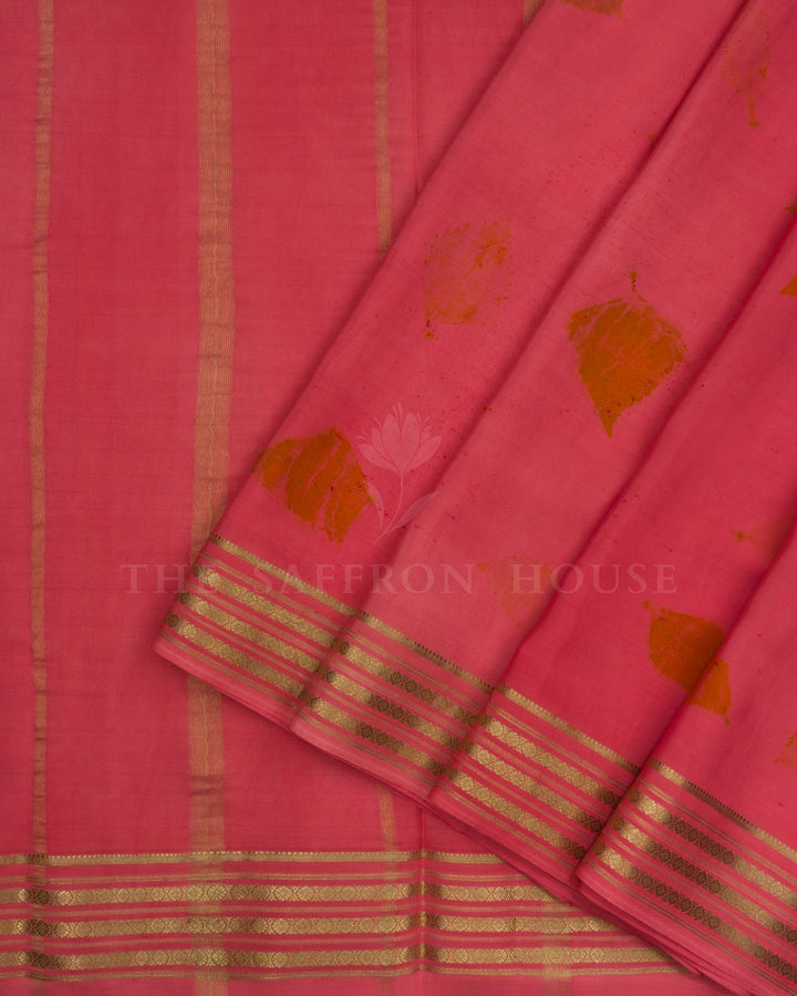 Coral Pink Eco-Printed Mysore Silk Saree - TSH2506095