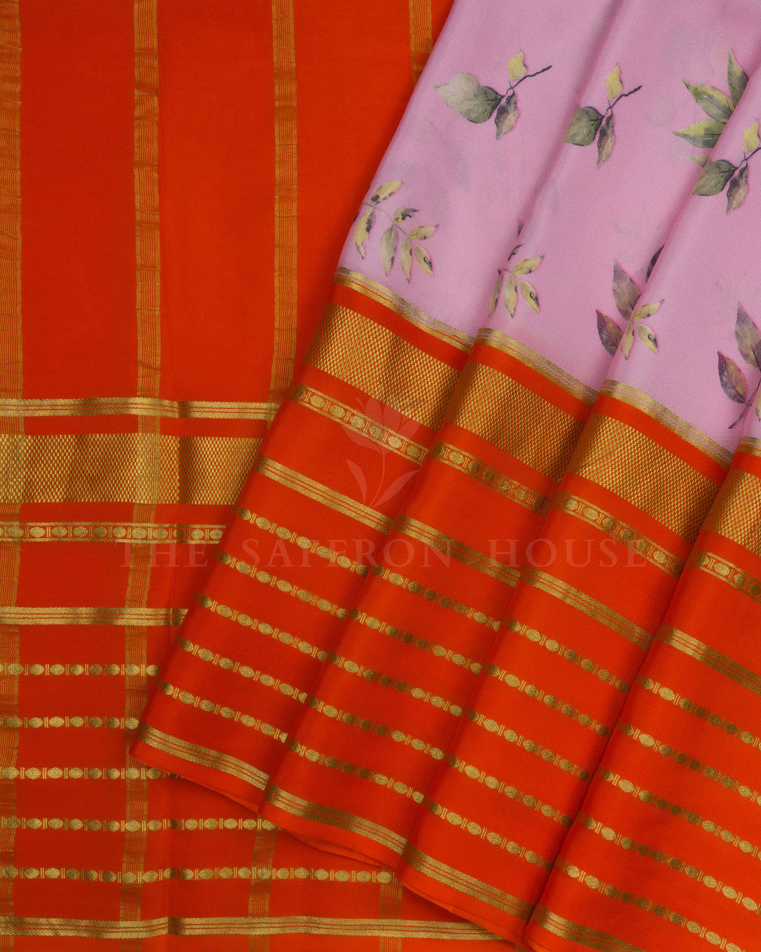 Light Baby Pink And Orange Eco-Printed Mysore Silk Saree - TSH2506089
