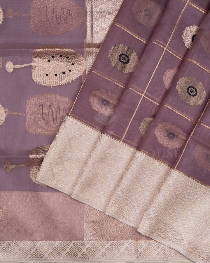 Mauve And Beige Gold Handwoven Organza Banarasi Saree - TSH110077