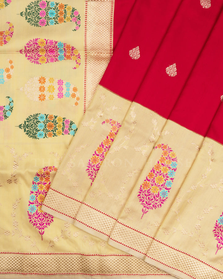 Red And Light Lemon Yellow Handwoven Banarasi Silk Saree - TSH2506166