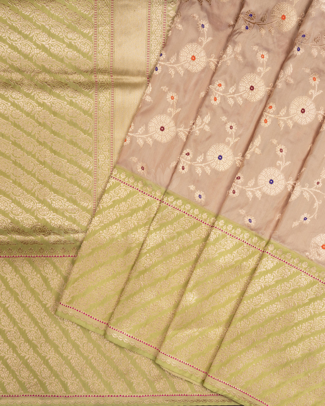 Beige And Parrot Green Handwoven Banarasi Silk Saree - TSH110075