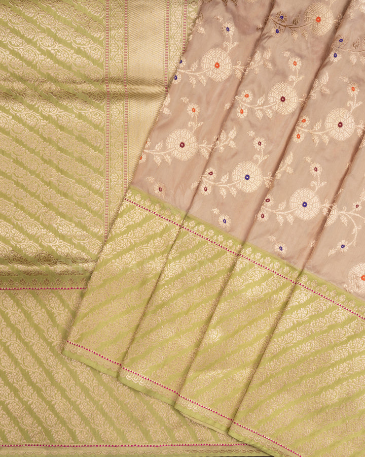 Beige And Parrot Green Handwoven Banarasi Silk Saree - TSH110075