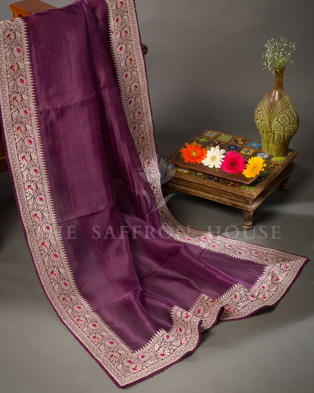 Purple Organza Saree with Zari Floral Border & Mukaish Work