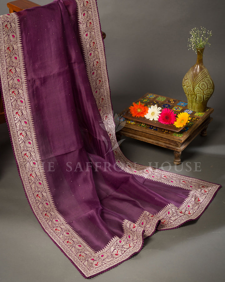 Purple Organza Saree with Zari Floral Border & Mukaish Work