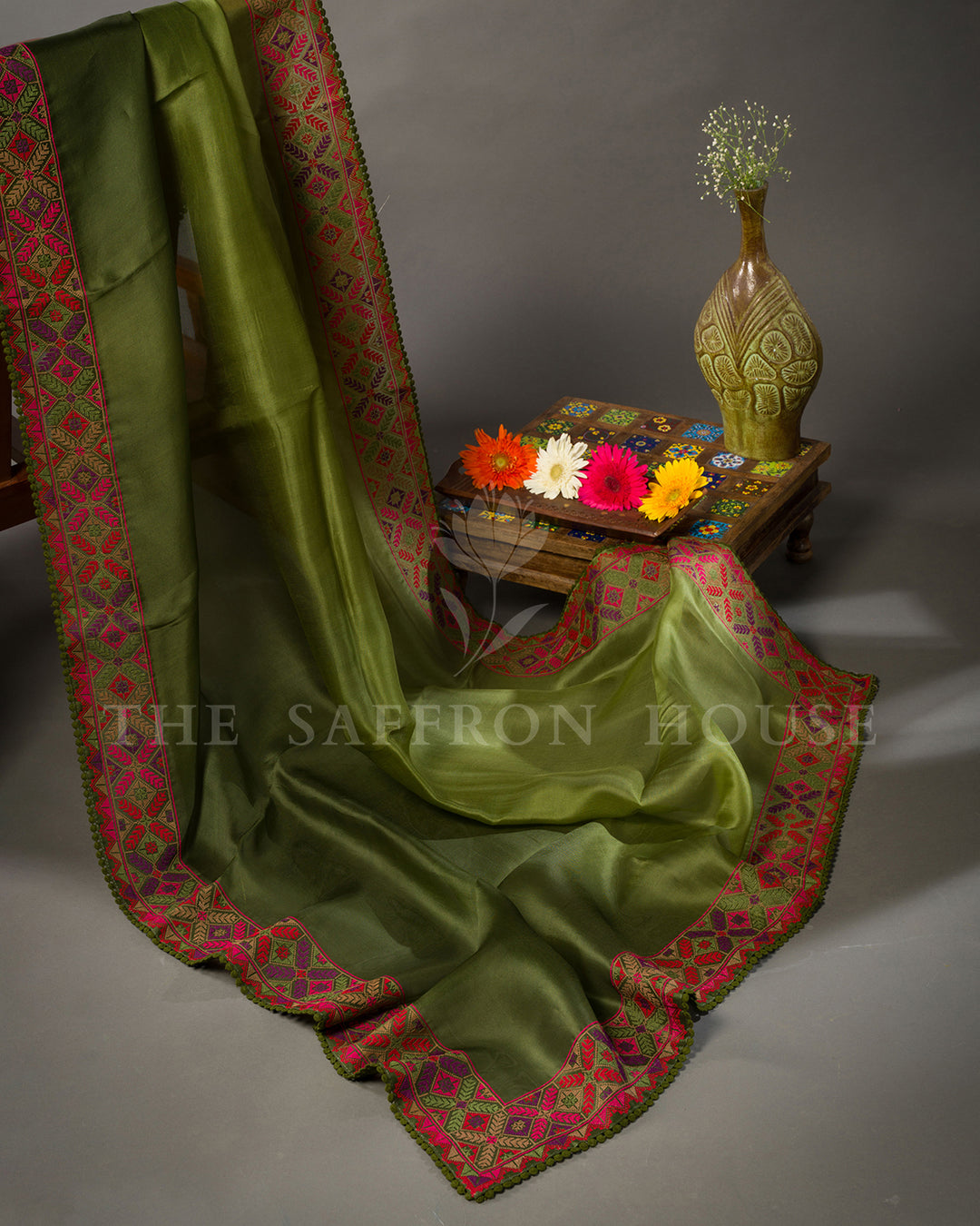 Olive Green Tussar Silk Saree with Geometric Phulkari Border