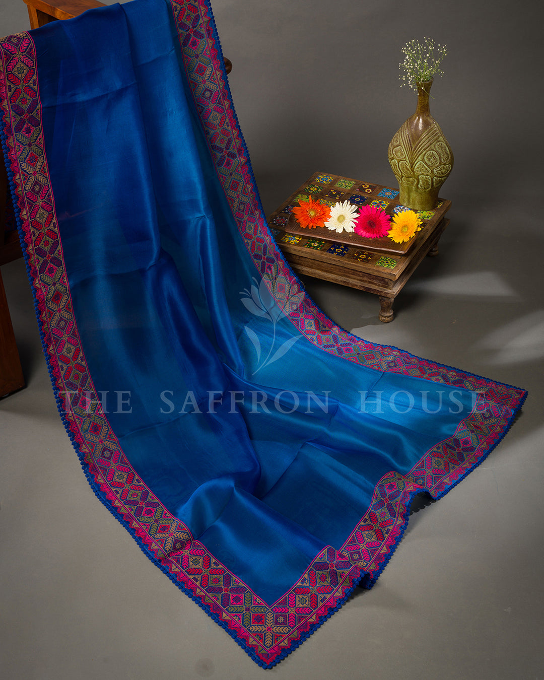 Royal Blue Tussar Silk Saree with Geometric Phulkari Border