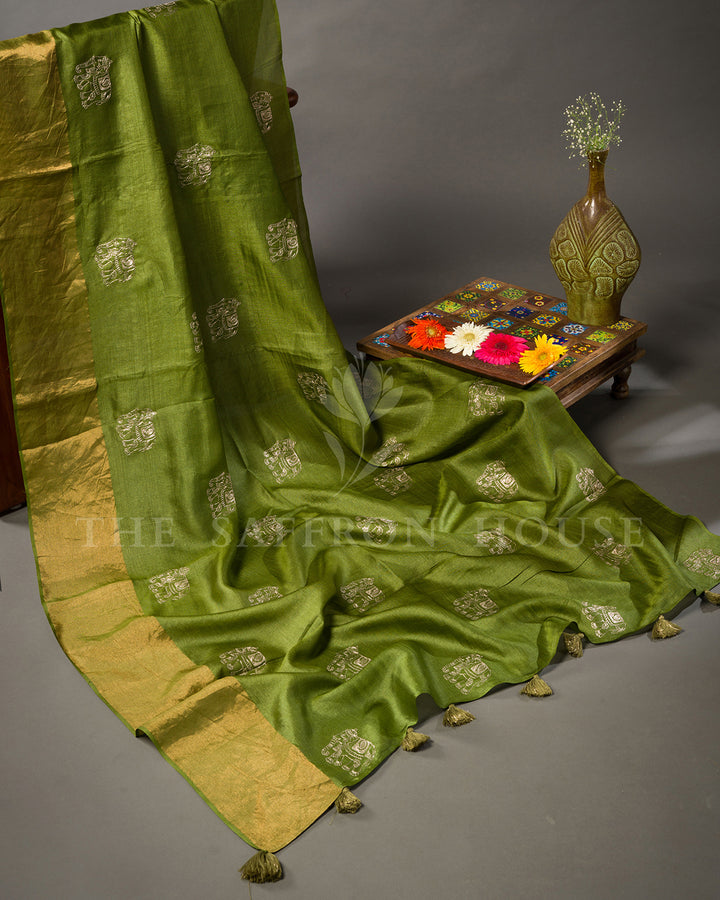 Green Tussar Silk Saree with Gold Elephant Motifs & Kalamkari Print Blouse