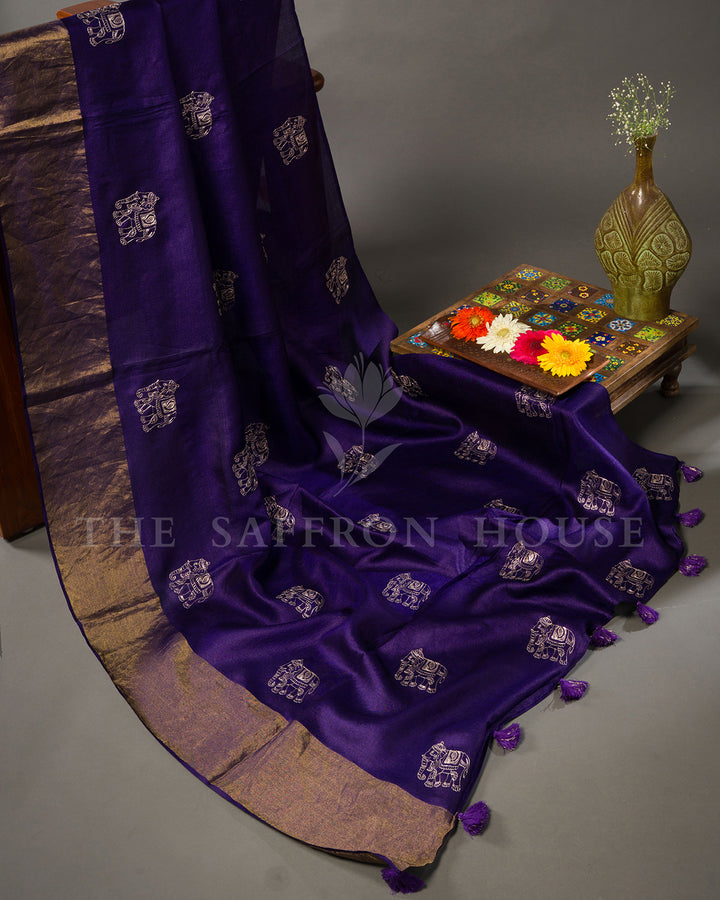 Purple Tussar Silk Saree with Silver Elephant Motifs & Hand-Painted Pichwai Blouse