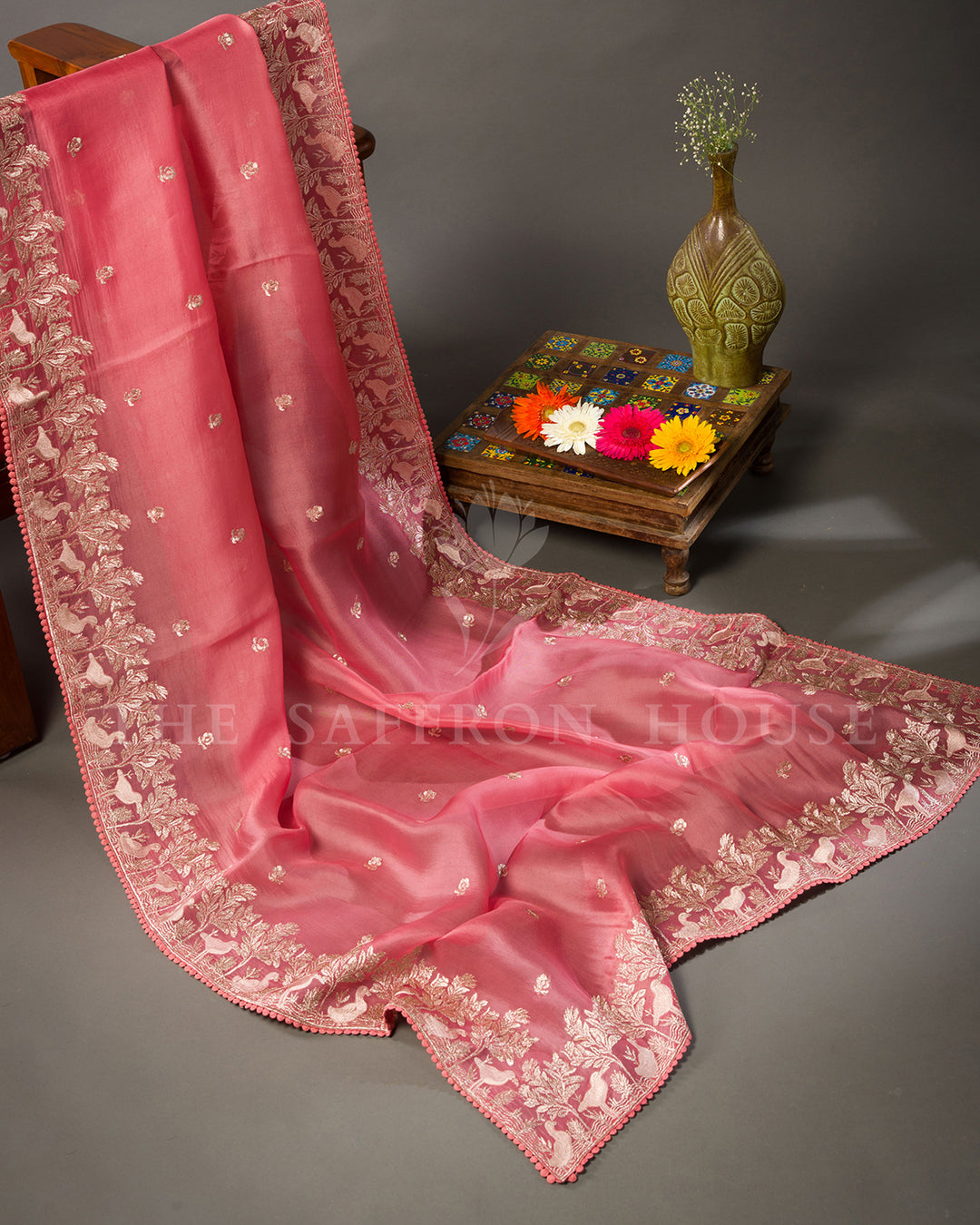 Coral Pink Tussar Silk Saree with Woodland Bird & Floral Zari Border