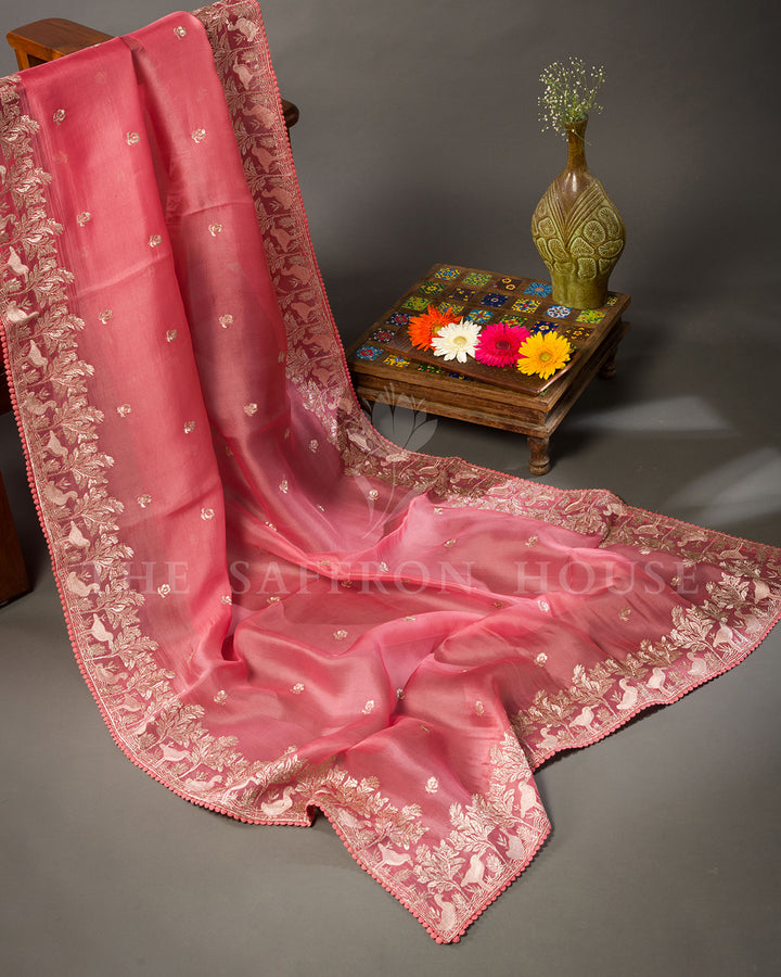 Coral Pink Tussar Silk Saree with Woodland Bird & Floral Zari Border
