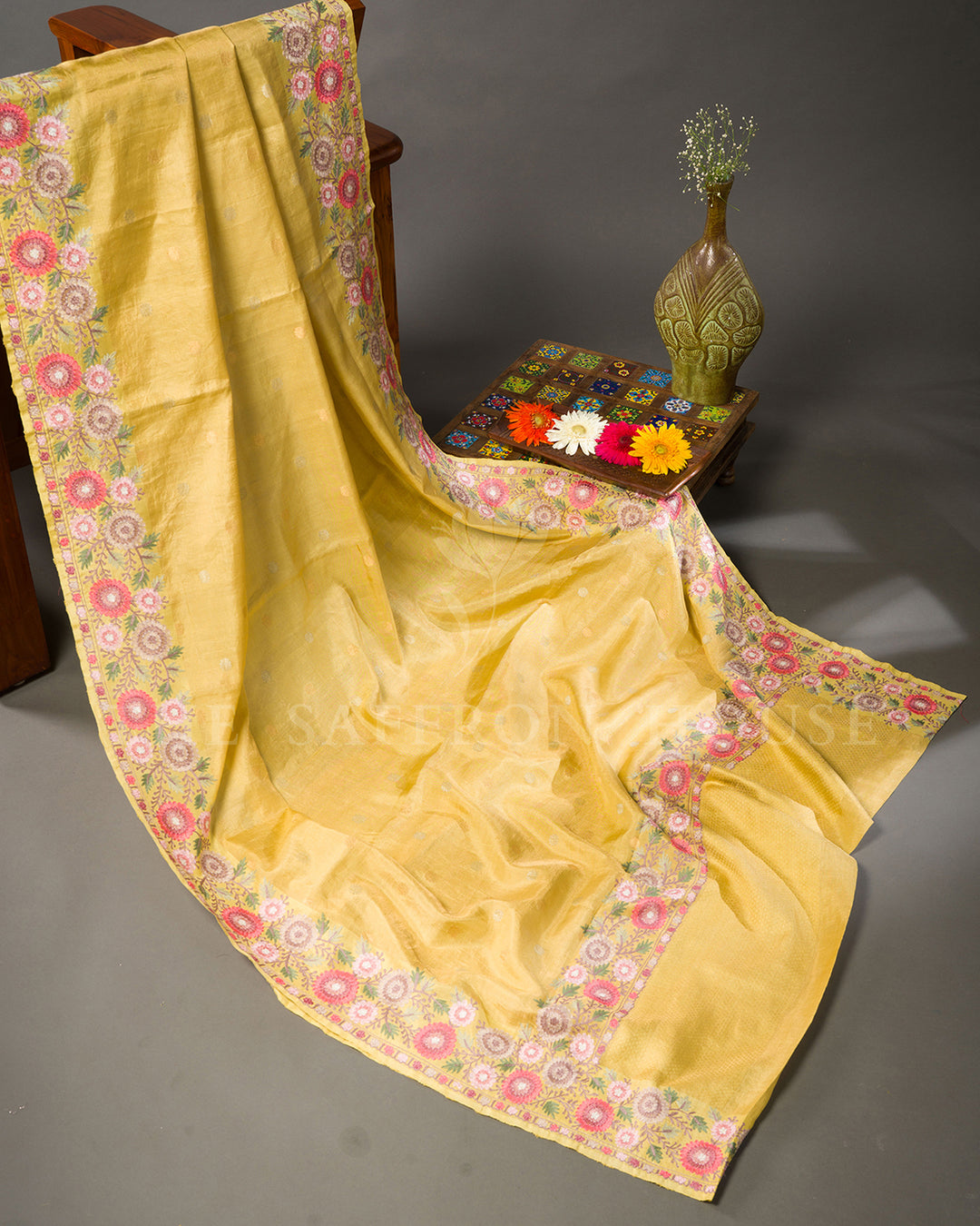 Mustard Yellow Tussar Silk Saree with Floral Embroidered Border