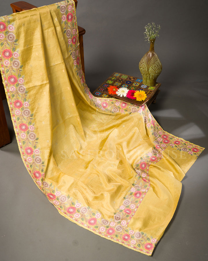 Mustard Yellow Tussar Silk Saree with Floral Embroidered Border