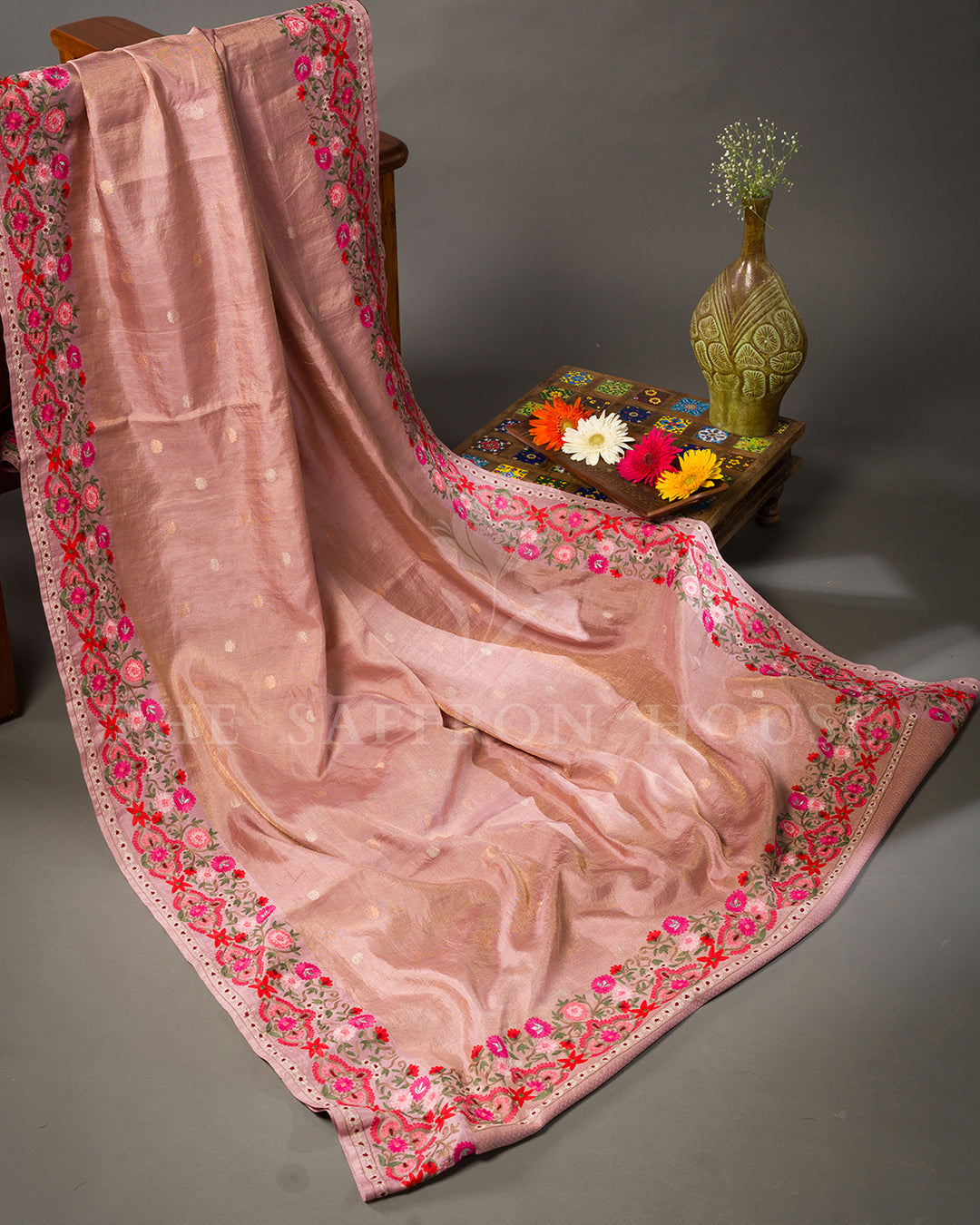 Dusty Pink Tussar Silk Saree with Floral Embroidered Border & Zari Butis