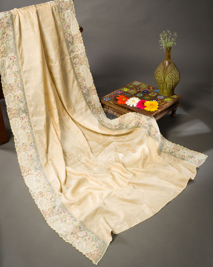 Beige Tussar Silk Saree with Sequin Paisley & Floral Embroidered Border