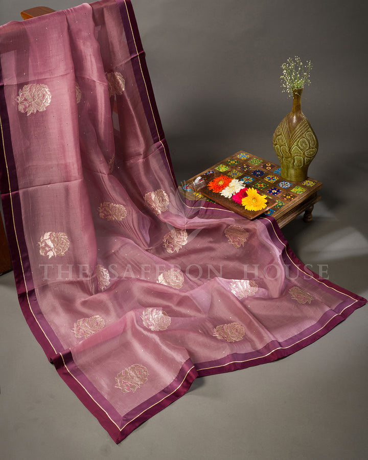 Mauve Organza Saree with Gold Rose Motifs & Contrast Wine Blouse