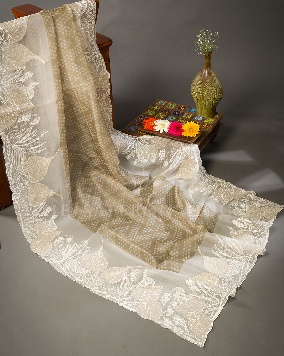 Ivory Tussar Silk Saree with Tone-on-Tone Leaf Embroidered Border