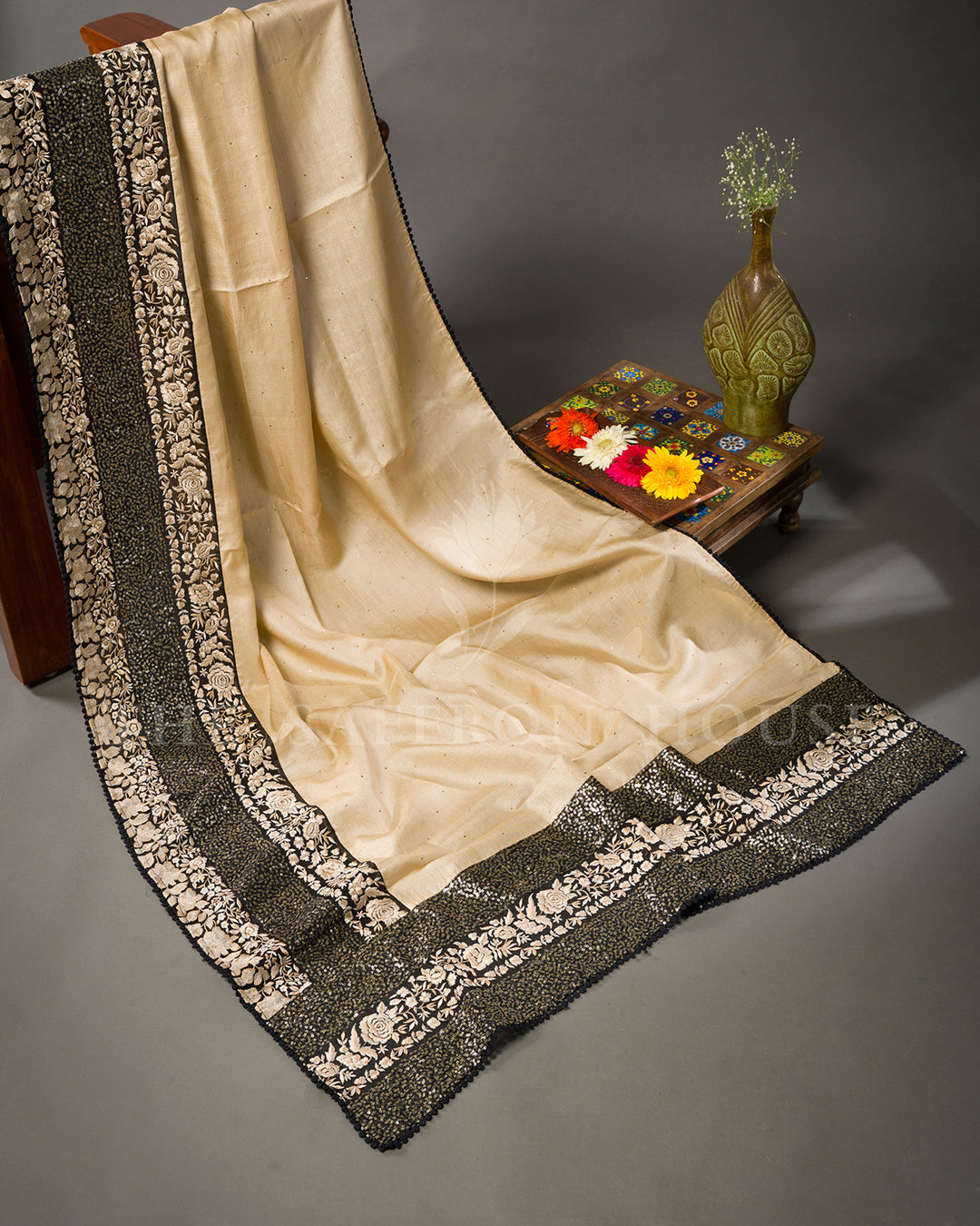 Beige Tussar Silk Saree with Black Sequin Floral Border & Fully Sequined Blouse