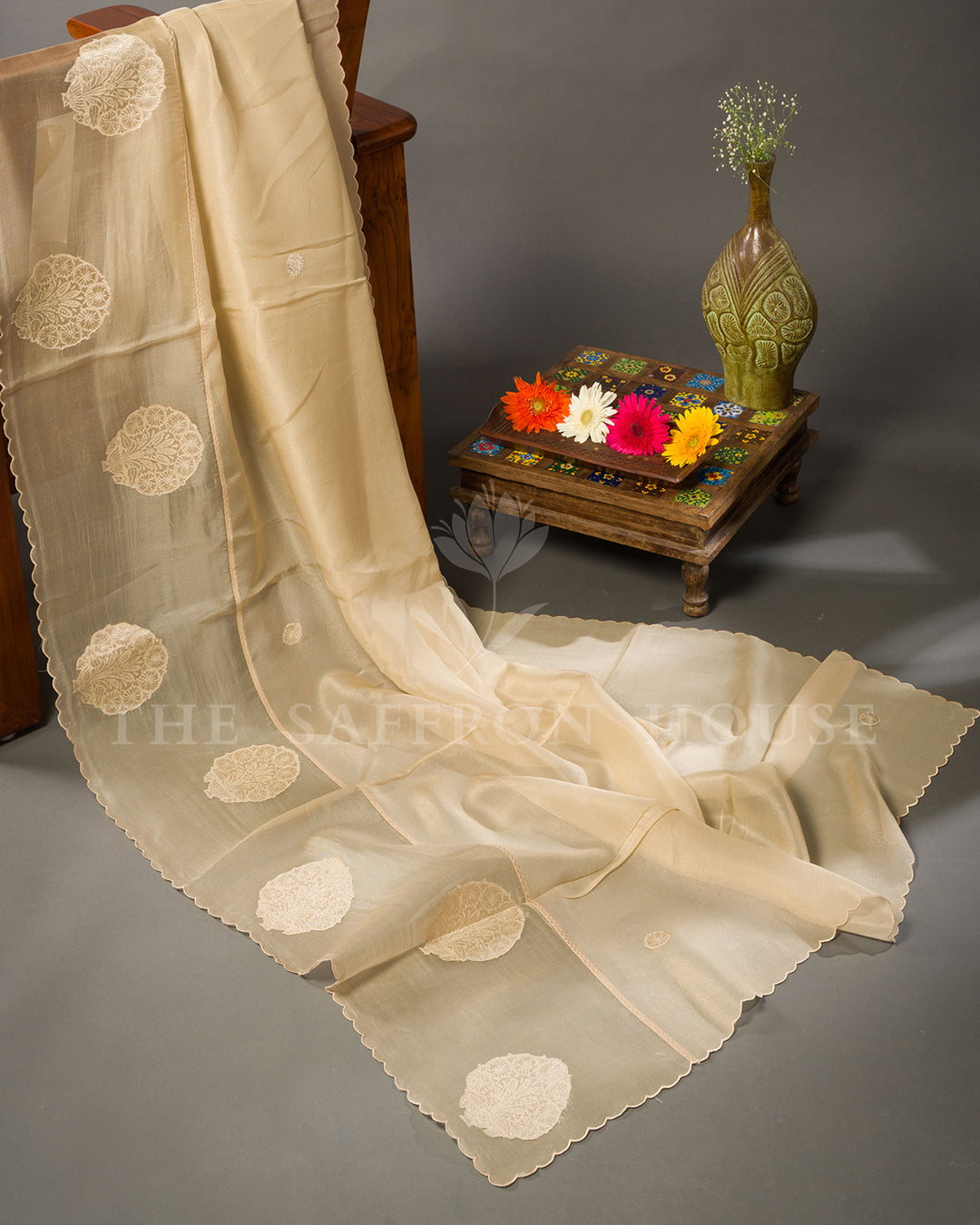 Beige Tussar Silk Saree with Self-Tone Circular Motifs & Scalloped Edge