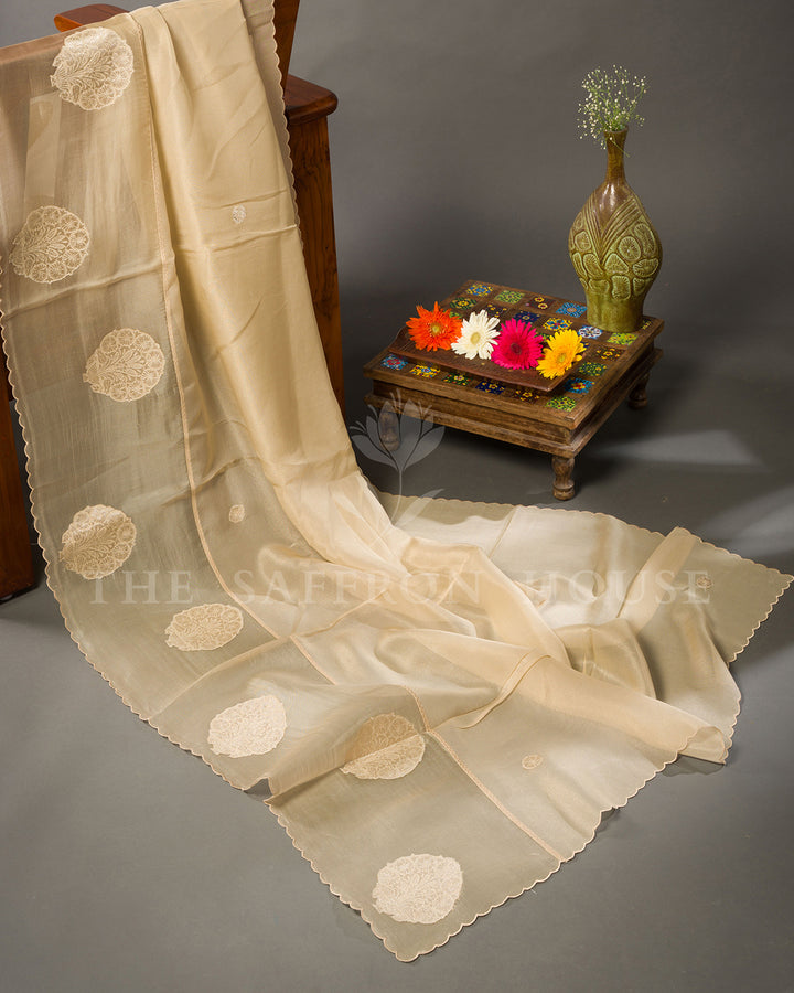 Beige Tussar Silk Saree with Self-Tone Circular Motifs & Scalloped Edge