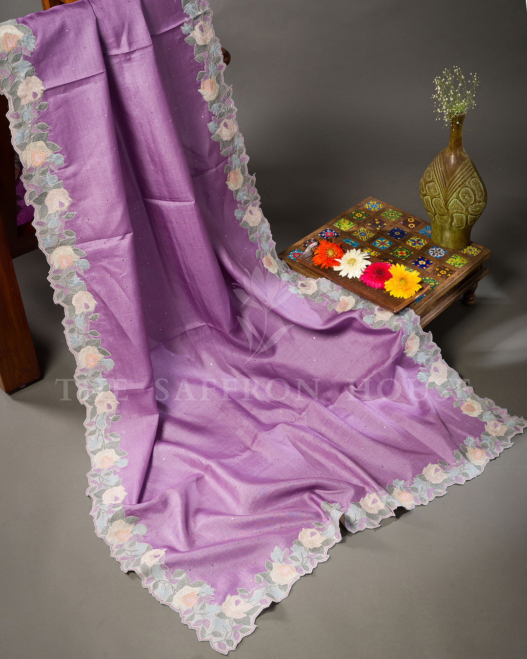 Lilac Tussar Silk Saree with Pastel Rose Embroidered Border & Contrast Grey Blouse