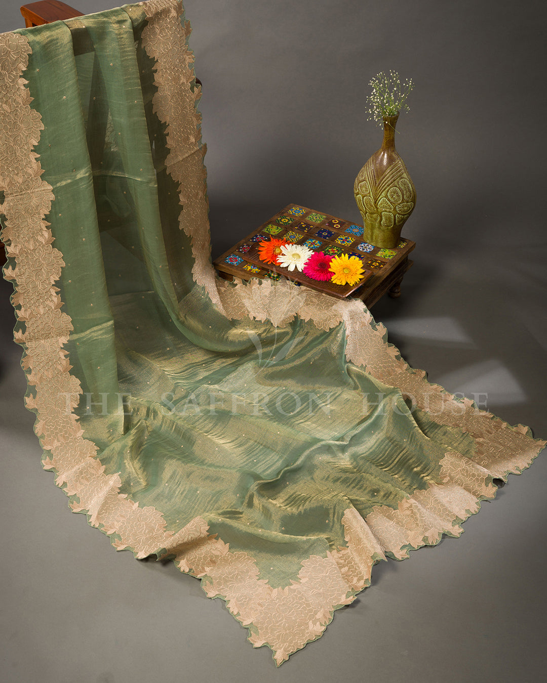 Sage Green Tissue Organza Saree with Self-Tone Floral Lace Border