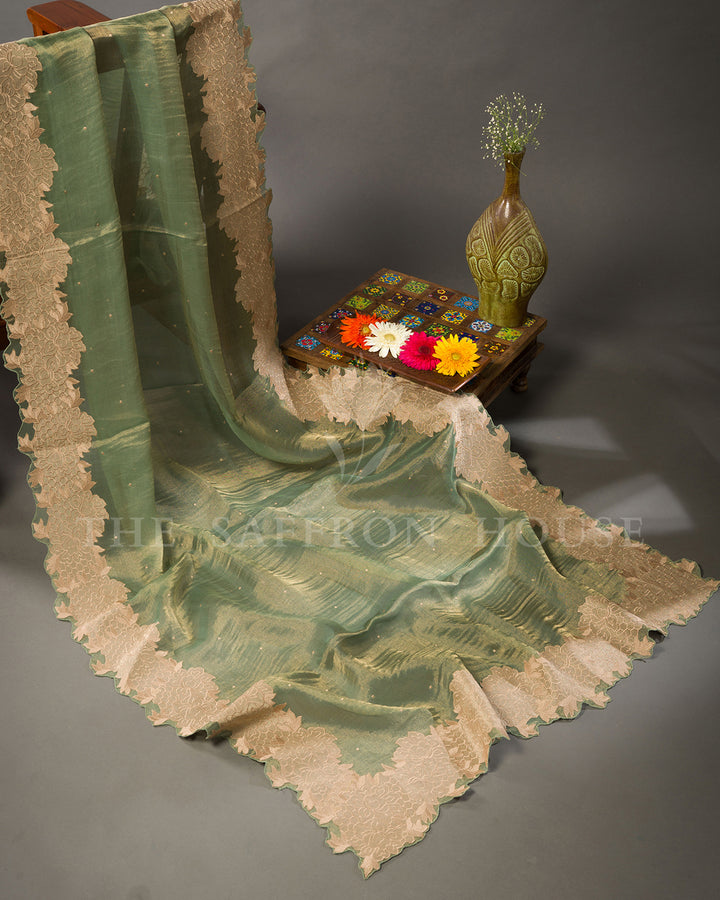 Sage Green Tissue Organza Saree with Self-Tone Floral Lace Border