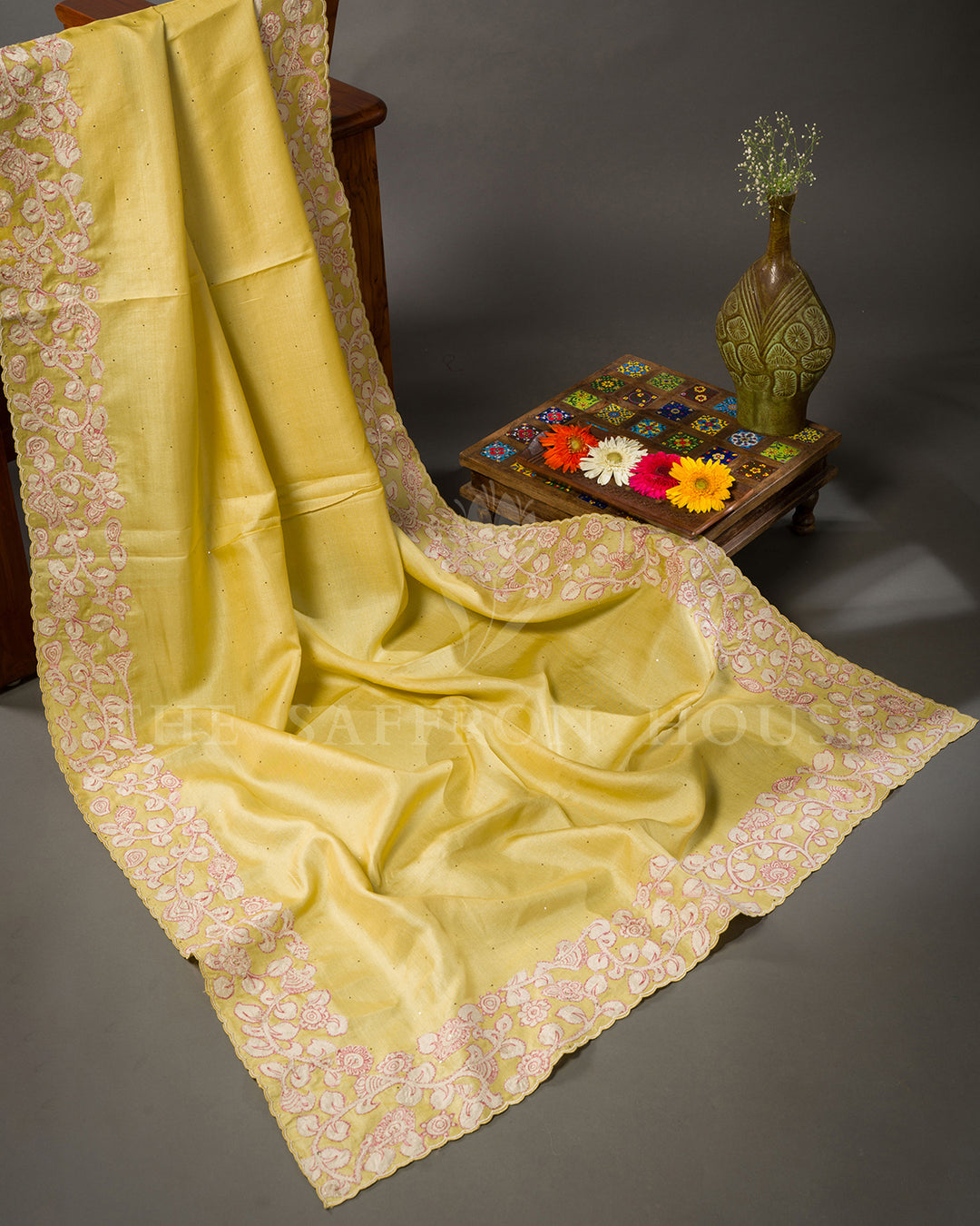 Yellow Tussar Silk Saree with Floral Vine Embroidered Border