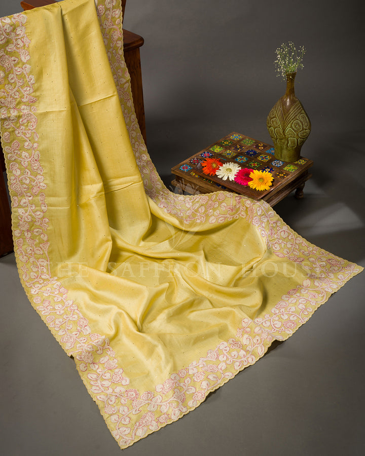 Yellow Tussar Silk Saree with Floral Vine Embroidered Border