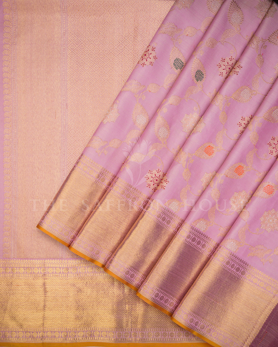 Lilac Kanchivaram Silk Saree with Floral Jaal Weave & Gold Zari Border