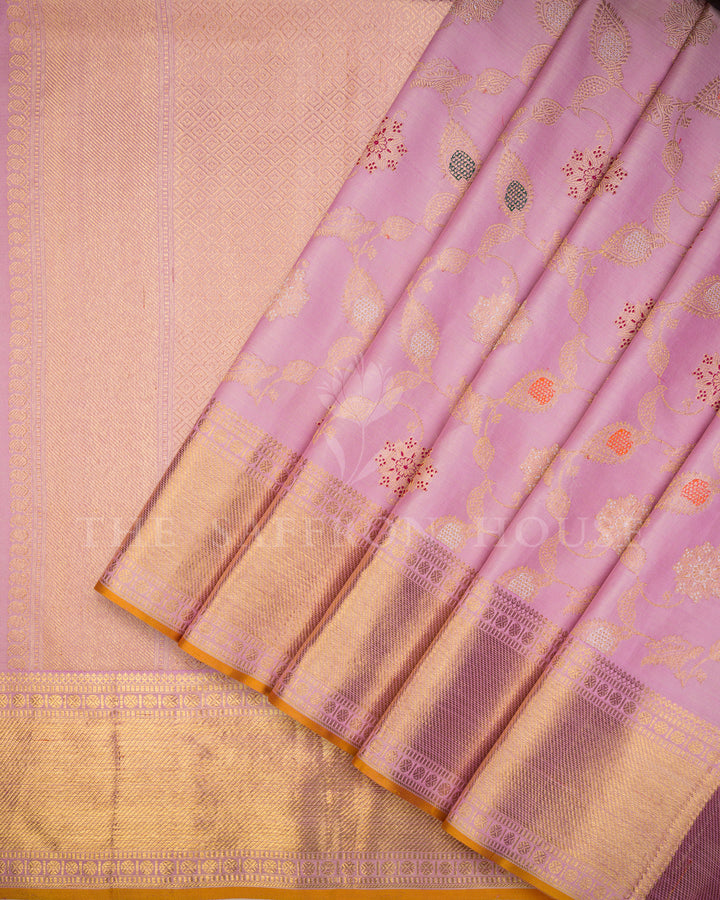 Lilac Kanchivaram Silk Saree with Floral Jaal Weave & Gold Zari Border