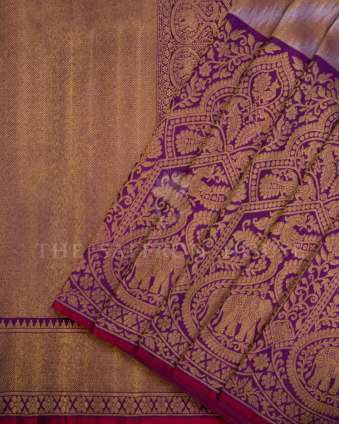 Ikat Mustard Kanchivaram Silk Saree with Purple Elephant Motif Border