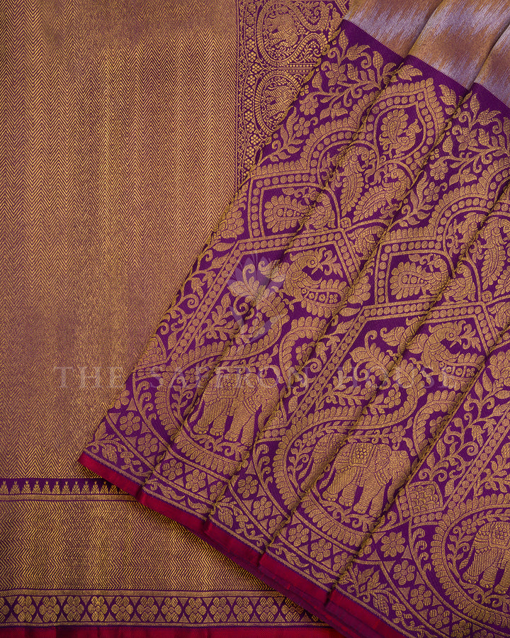 Ikat Mustard Kanchivaram Silk Saree with Purple Elephant Motif Border