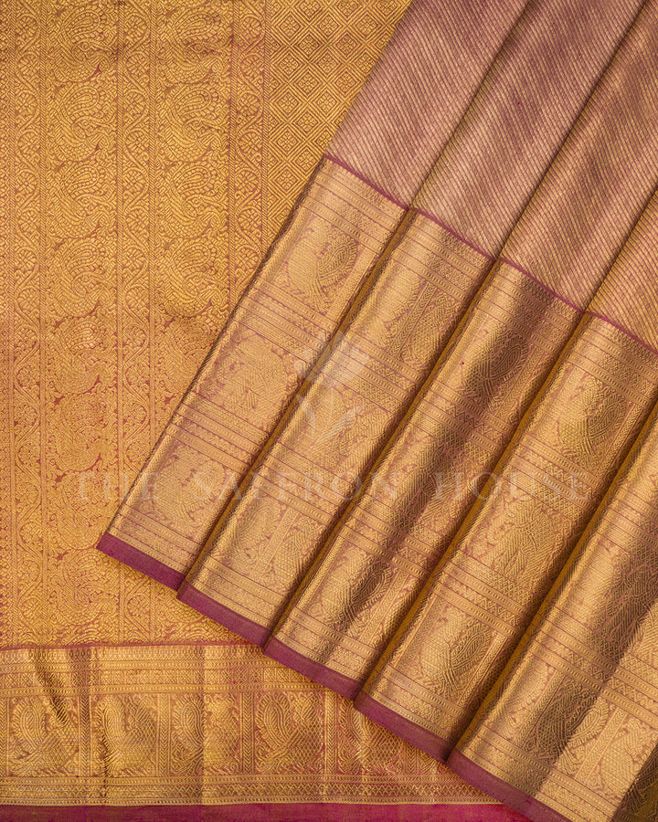 Rustic Gold Kanchivaram Silk Saree with Peacock Motif Border & Diamond Weave Pallu