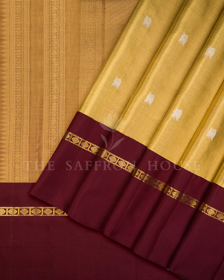 Gold Kanchivaram Silk Saree with Silver Bird Butis & Contrast Maroon Border